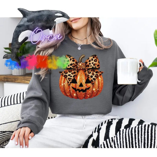 Orca ~ Halloween Cute Glitter Pumpkin Sweatshirts ~ Unisex Sizing ~ Small - 4XL ~ Pullover crewneck