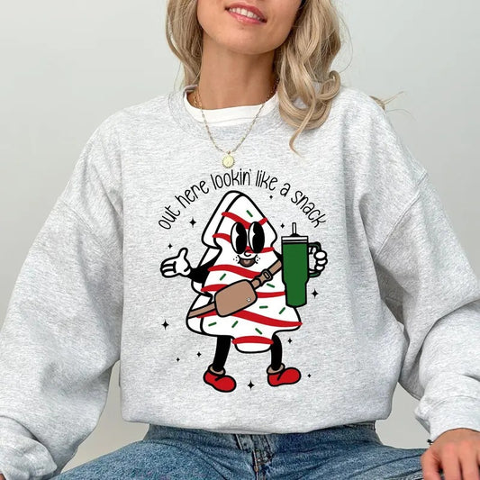 Out Here Looking Like A Snack, Christmas Cake, Funny, Cute, Santa, Xmas Sweatshirt, Women's Crew Neck, Crewneck
