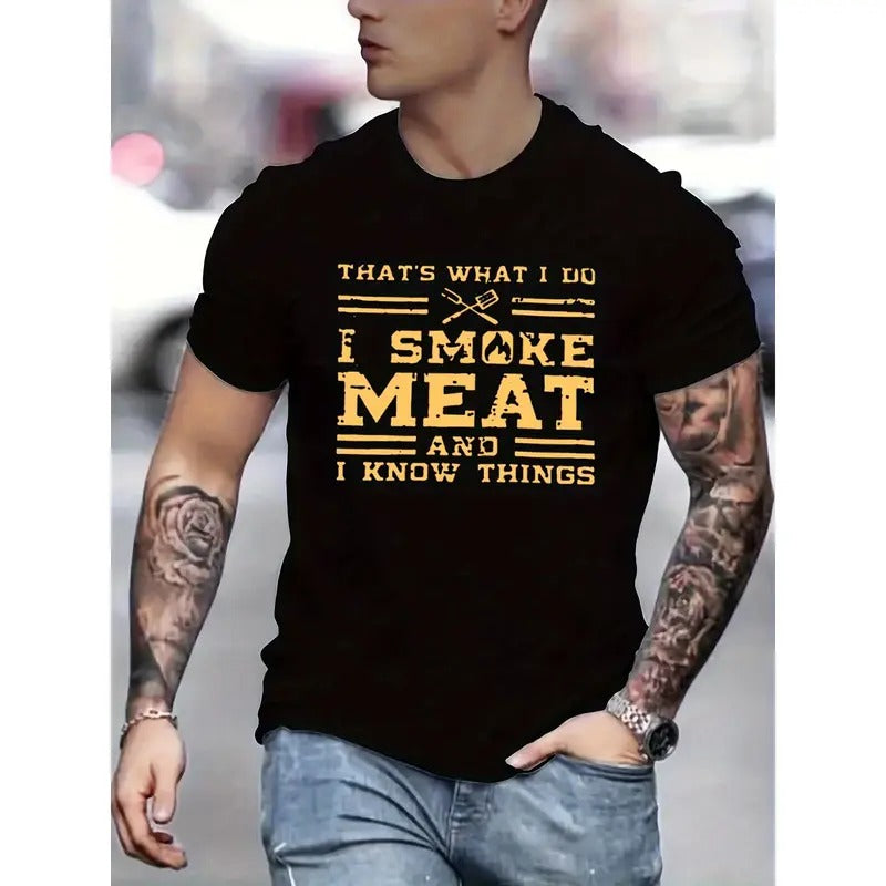 Outdoor Men's T-shirt, comfortable and breathable, men's T-shirt, family man smoking on barbecue printed T-shirt, top as...