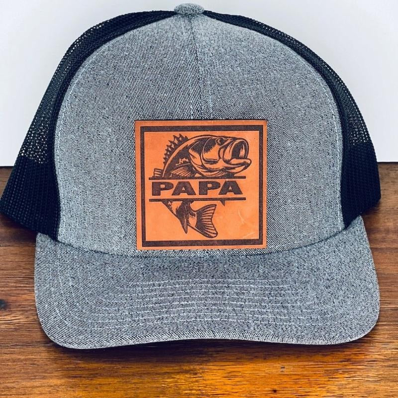 PAPA Bass Fish. Engraved Leather Hat Patch, Papa, Dad..Custom Bass Fish Patch. Richardson Snapback Hat, Cap