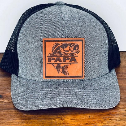 PAPA Bass Fish. Engraved Leather Hat Patch, Papa, Dad..Custom Bass Fish Patch. Richardson Snapback Hat, Cap