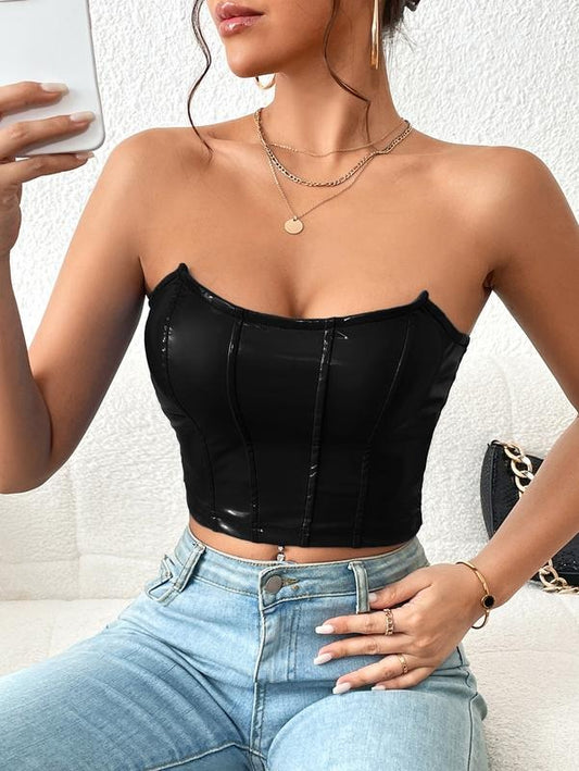 PU Leather Bandeau Tube Top Strapless Bustier Corset Crop Top