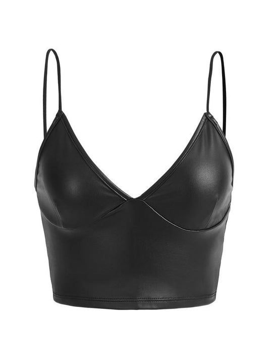 PU Leather V Neck Spaghetti Strap Cami Crop TopY2K