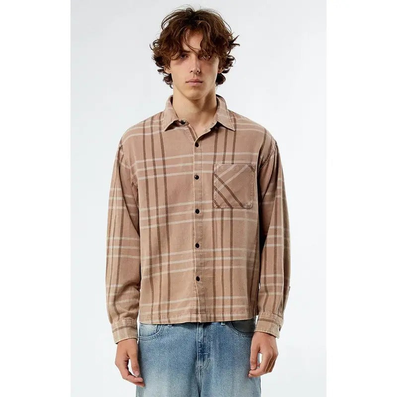 PacSun Men's Brown Washed Cropped Flannel Shirt