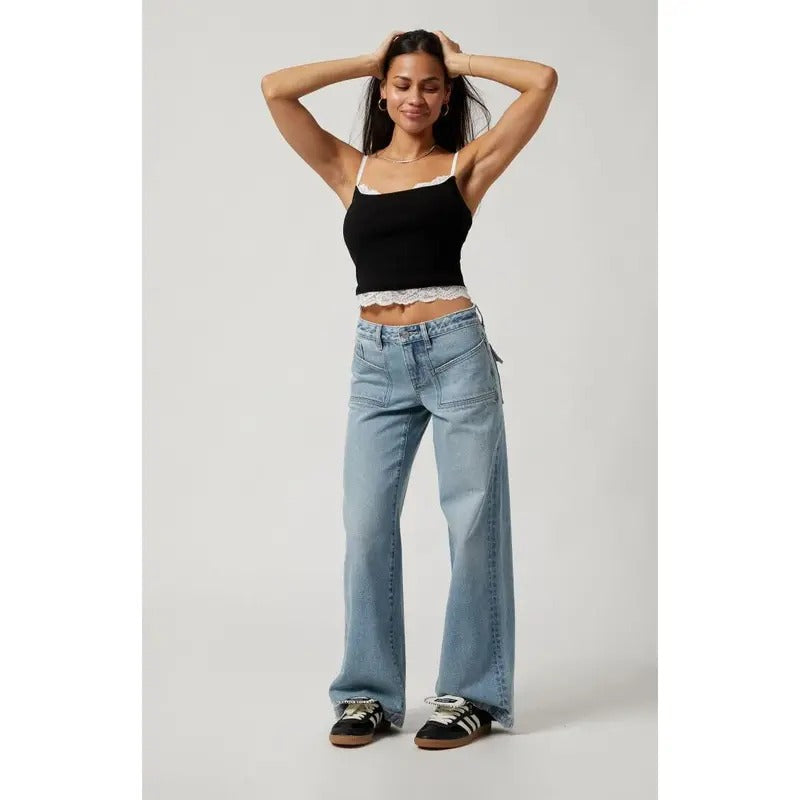 PacSun Women's Casey Patch Pocket Low Rise Baggy Jeans Light Indigo