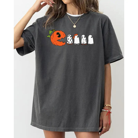 Pacman Pumpkin, Spooky, Skeleton, Funny, Witch, Aesthetic, Meme, Halloween, Costume, Tshirt, Women's Crew Neck, Crewneck