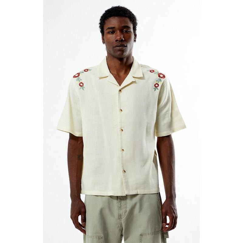 Pacsun Men's Cream Floral Embroidered Oversized Camp Shirt