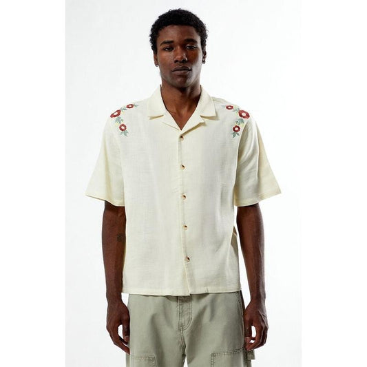 Pacsun Men's Cream Floral Embroidered Oversized Camp Shirt