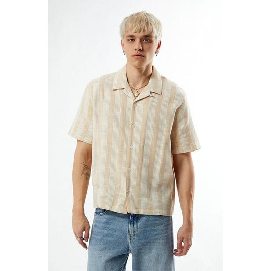 Pacsun Men's Tan Striped Oversized Camp Shirtstyle{n002}2
