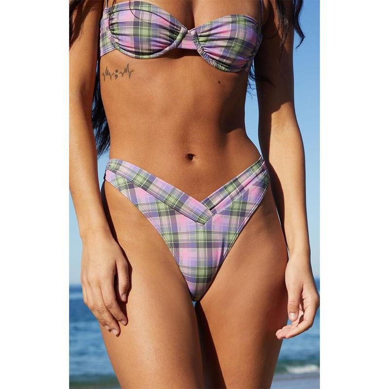 Pacsun Women's Plaid Emie Gathered V High Cut Bikini Bottom