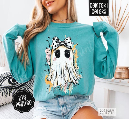Painted Ghost Long Sleeve TShirt, Trendy Women's Halloween Tee