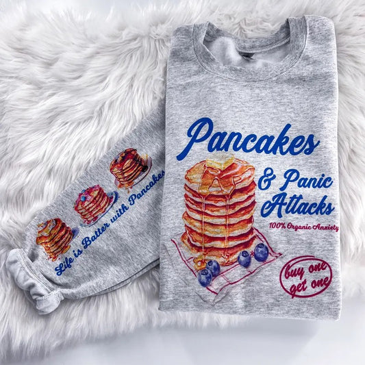 Pancakes and Panic Attacks Anxiety Sweatshirt or Hoodie with sleeve prints Comfy Unisex Tops