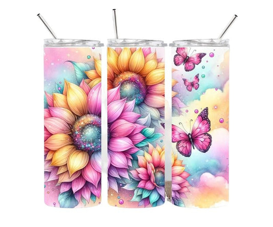 Pastel Flowers and Butterfly Print 20oz Stainless steel tumbler