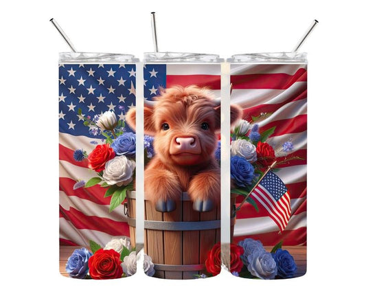 Patriotic Highland Cow American Flag 20oz Stainless steel tumbler