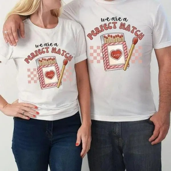 Perfect Match Valentine Couple Shirt Cotton Fabric Casual Streetstyle Crew Neck Short Sleeve T-Shirt Trendy Tops for Women for Men, Date Gifts