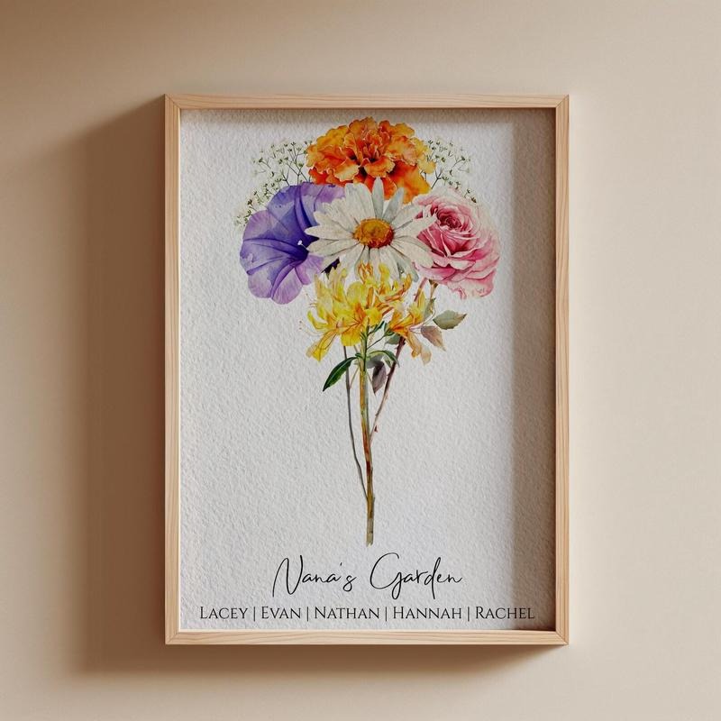 Personalized Family Birth Flower Bouquet Unframed Physical Print, Watercolor Birth Month Flower Poster, Nana's Garden poster, Mother's Day Grandma Gift