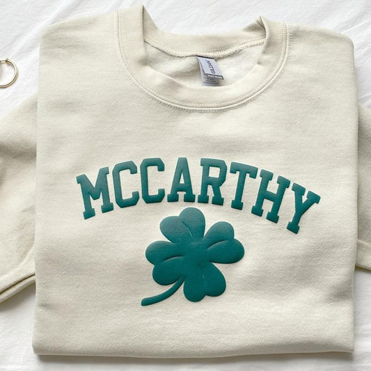 Personalized Name St Patrick's Day Puff Print Sweatshirt, Custom Shamrock Last Name Sweater, Four Leaf Clover Sweatshirt, Irish Surname St Patty's Top