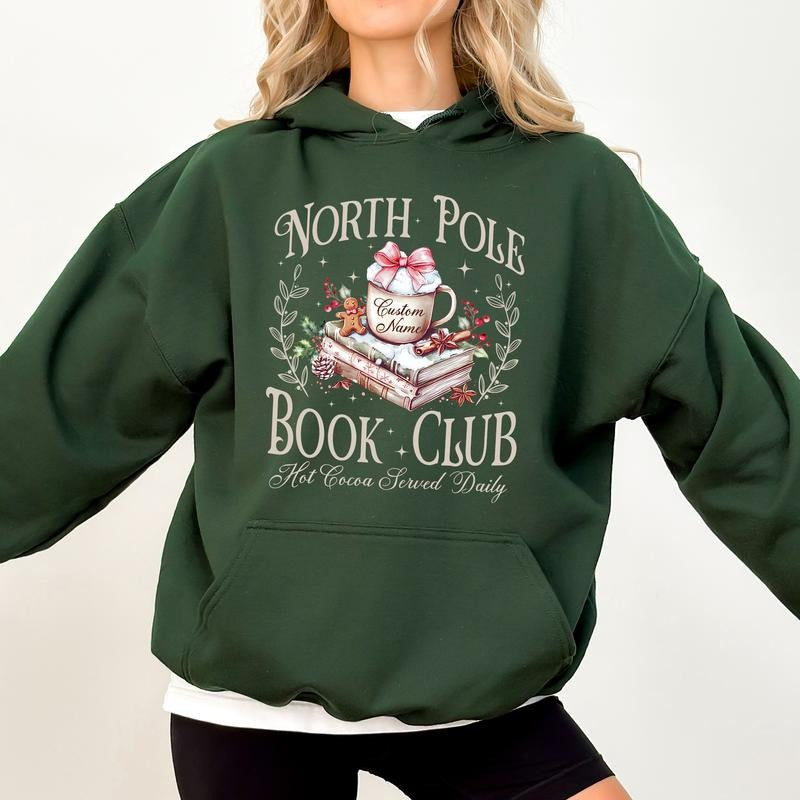 Personalized North Pole Book Club Hoodie, Custom Name Book Lover Hoodies, Vintage Christmas Bookish Pullover, Booktok Women's Tops, Holiday Womenswear