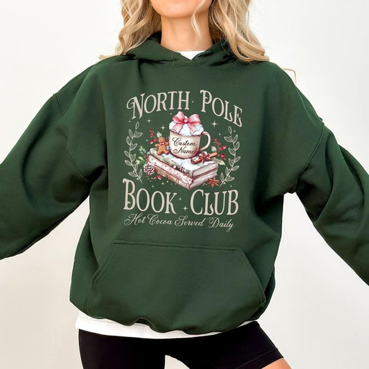 Personalized North Pole Book Club Hoodie, Custom Name Book Lover Hoodies, Vintage Christmas Bookish Pullover, Booktok Women's Tops, Holiday Womenswear