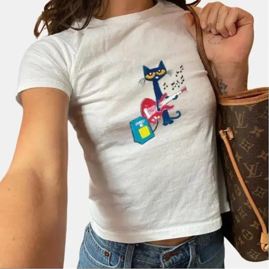 Pete the Cat Playing Guitar Baby Tee | Y2K Baby Tee, 90s Baby Tee, Coquette, Vintage Design Casual Lightweight Top Womenswear