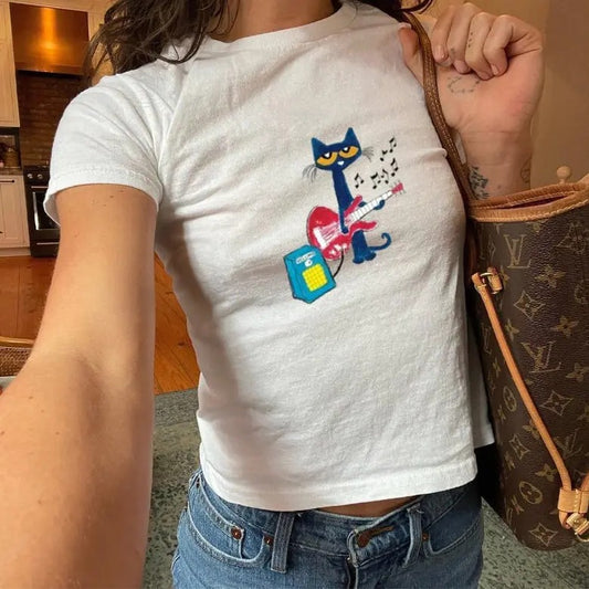 Pete the Cat Playing Guitar Baby Tee  Y2K Baby Tee, 90s Baby Tee, Graphic Shirt Crop, Coquette, Vintage Design