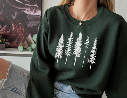 Pine Tree Crewneck Sweatshirt, Evergreen Trees, Forest Sweatshirt, Trees Sweater, Gift for Nature Lover, Camping Sweatshirt Cotton Casual