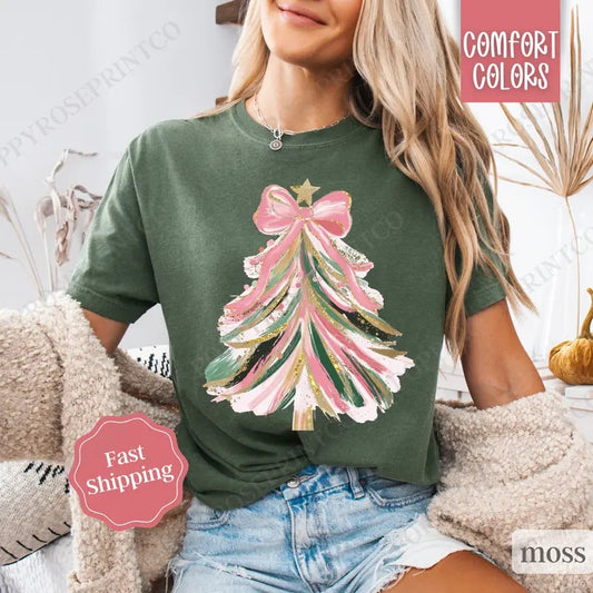 Pink Bow Christmas Tree Shirt, Coquette Christmas Tree Tee,  Women's Holiday Tshirt