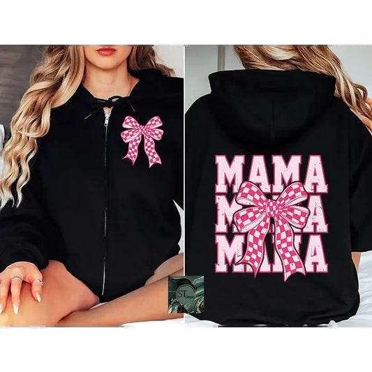 Pink Checkered Mama Bow Zip Hoodie Black or Sport Grey