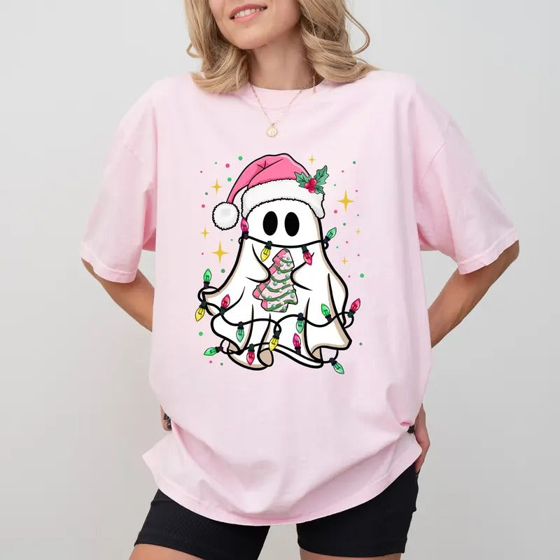 Pink Christmas Santa Comfort Colors Shirt, Pinky Christmas Ghost Unhinged Tees, Cute Ghost Santa Tee, Holiday Oversized Graphic Tee, Christmas Outfit