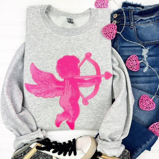 Pink Cupid Sequin Patch Sweatshirt -- ASH GREY