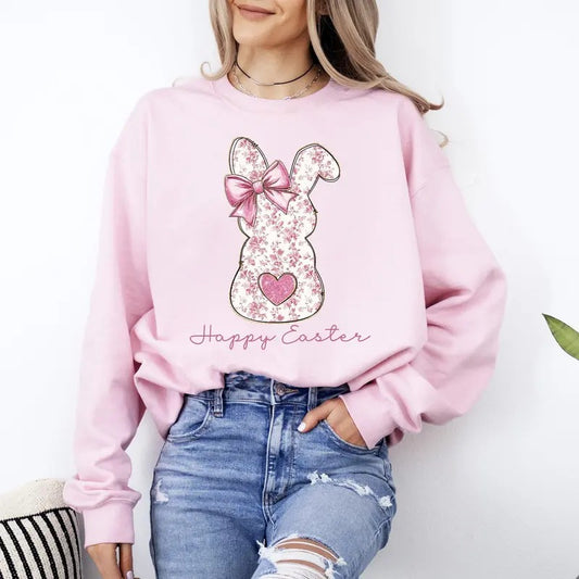 Pink Floral Bunny, Easter, Bunny, Jesus, Rabbit, Holiday Sweatshirt, Crew Neck, Women's, Crewneck