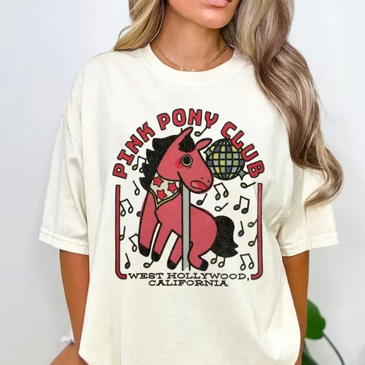 Pink Pony Club Glitter T Shirt, Cute Funny West Hollywood California Ca Chappell Roan Pop Music Lesbian Lyrics Iconic Fan Gift Gay Queer, Unisex T-Shirt, Gifts For Fan, Short Sleeve Tee Shirt, Gifts For Birthday Fathers Day