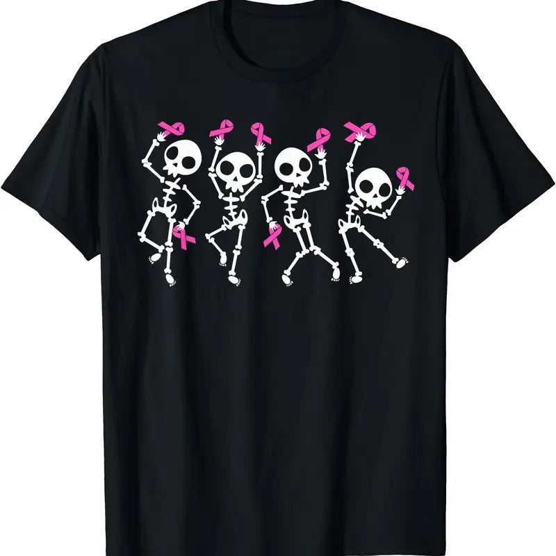 Pink Ribbon Breast Cancer Awareness Skeleton Women Men T-Shirt | Unisex Cotton Tee, Short Sleeve, Size S-5XL