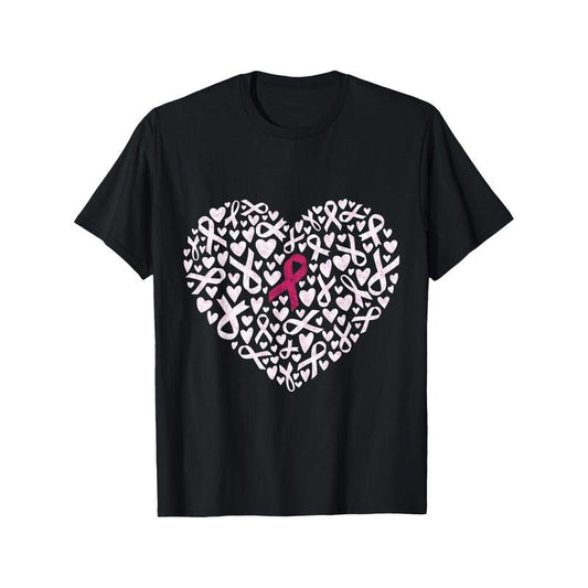 Pink Ribbon Heart Breast Cancer Awareness Support T-shirt Black Casual Short sleeve Men's Sports T-shirt Made in USA