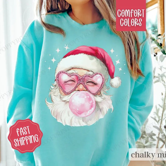 Pink Santa Bubble Sweatshirt Comfort Colors, Christmas Sweater,  Coquette Xmas Tshirt, Women's Holiday Crewneck funny santa