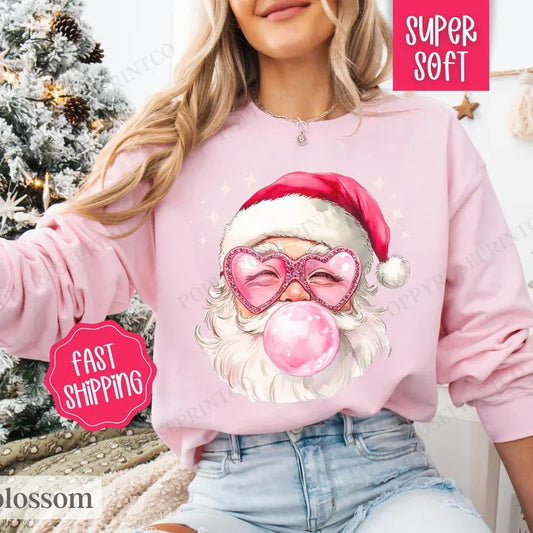 Pink Santa Bubble Sweatshirt, Christmas Sweater,  Coquette Xmas Tshirt, Women's Holiday Crewneck funny santa