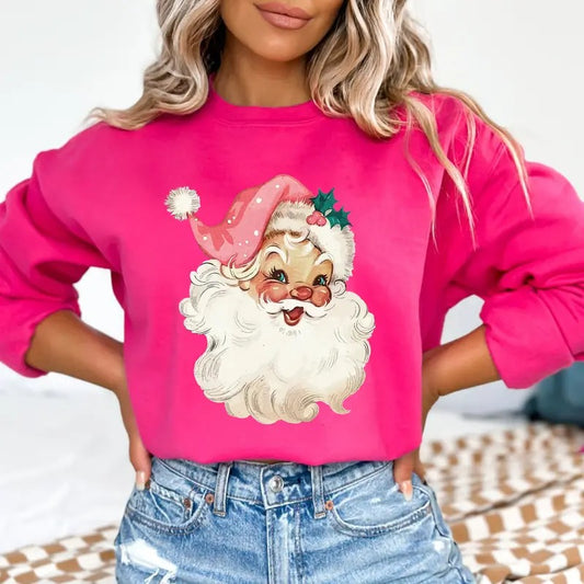 Pink Santa Retro Sweatshirt, Retro Santa Claus Sweater, Christmas Santa Sweatshirt, Vintage Holiday Xmas Tee Shirt, Pink Santa Xmas Shirt