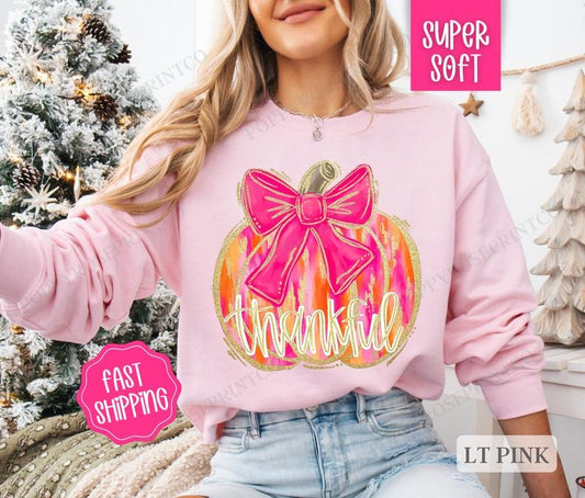 Pink Thankful Bow Sweatshirt, Coquette Thanksgiving Sweater,  Women's Fall Thankful Crewneck