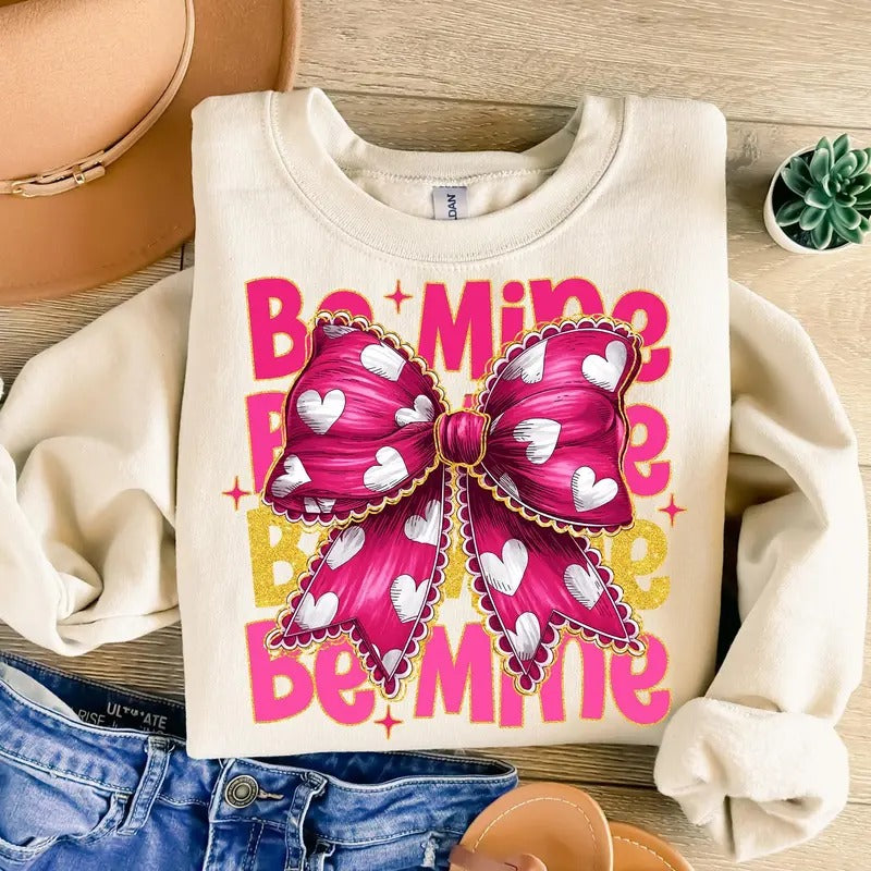 Pink Valentine Coquette Heart Tshirt Sweatshirt, Be Mine Sweatshirt, Valentine's Day Coquette Shirt, Unisex Sweater Pullover Tee