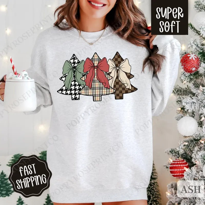 Plaid Christmas Tree Sweatshirt, Preppy Christmas Crewneck,  Womens Holiday Sweater