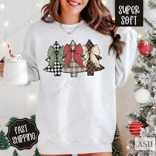 Plaid Christmas Tree Sweatshirt, Preppy Christmas Crewneck,  Womens Holiday Sweater