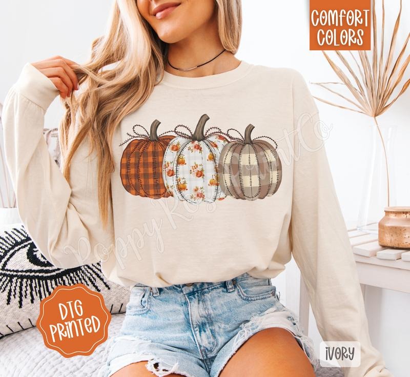 Plaid Floral Pumpkins Comfort Colors Long Sleeve T-Shirt, Cute Women's Fall Tee