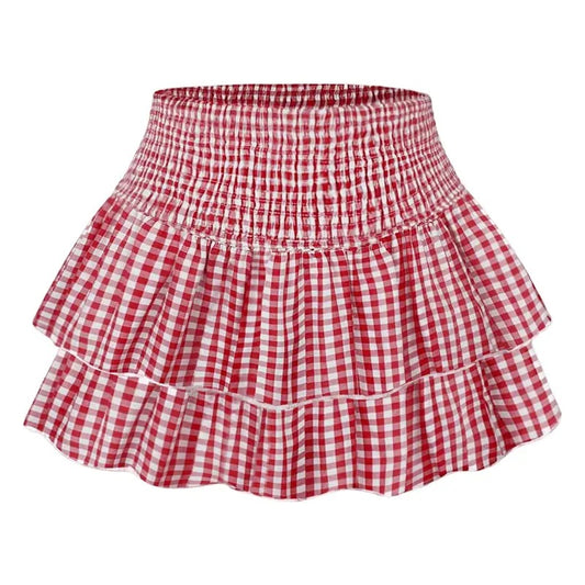 Plaid Print High Waist Layered Skirt Ruffle Hem A Line Skirt