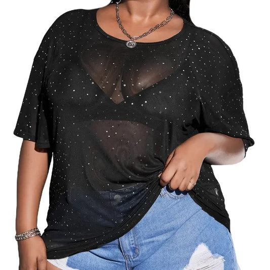 Plus Size Glitter Sheer Mesh Short Sleeve Tee Shirt Top