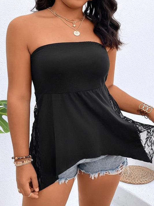 Plus Size Lace Trim Asymmetrical Hem Tube Top Sleeveless Strapless Summer TopsY2K