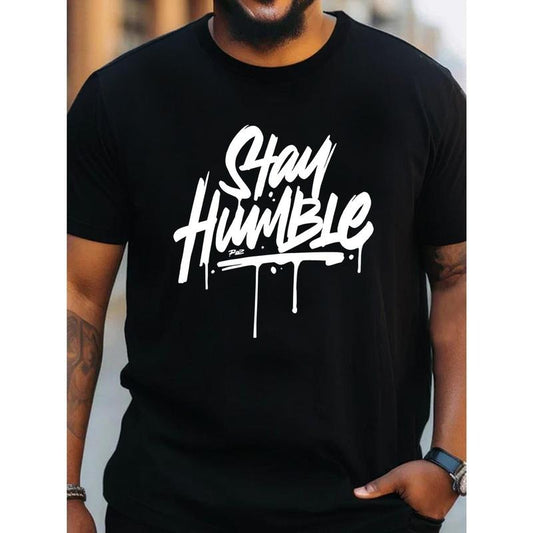 Plus Size Men's "Stay Humble" Graphic Print T-shirt For Summer, Fashion Casual Short Sleeve Tees For Outdoor Sports, 1 pc, 100% cotton T-shirt Made in USA