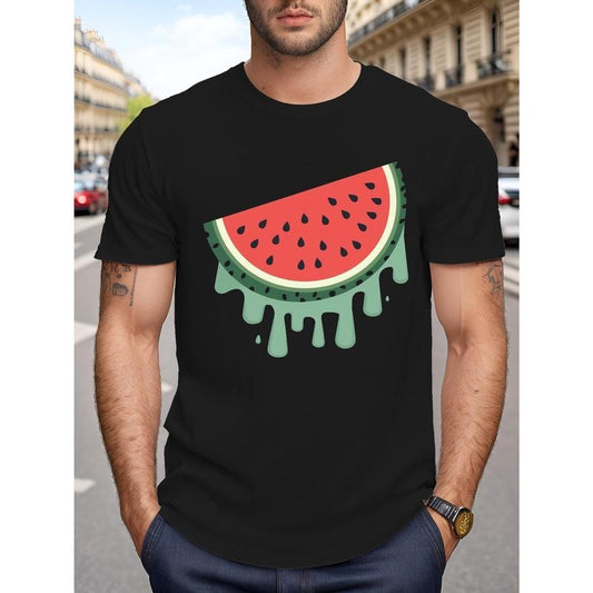 Plus Size Men's T-Shirt Summer Tee, Watermelon Graphic Print, Short Sleeve, Trendy Casual Tops For Daily Life, Soft Polyester Material, Micro Elastic, Machine Washable made in usa