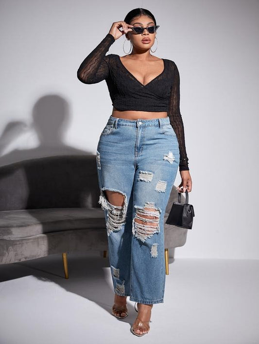 Plus Size Ripped High Waist Cut Out Straight Leg Jeans Denim PantsY2K