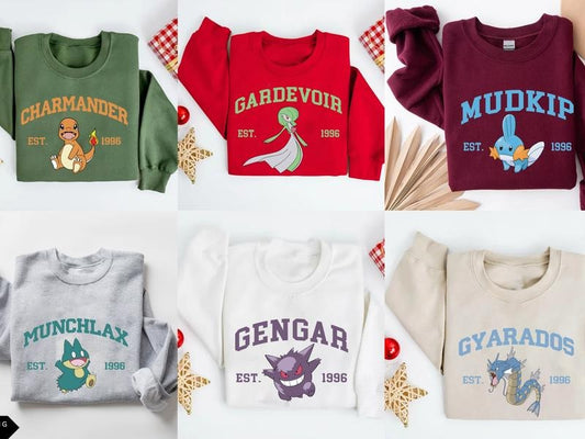 Pokemon Characters Sweatshirt T Shirt Hoodie, Anime Shirt, Japan Anime Sweatshirt, Pokemon Fans Shirt, Pikachu, Bulbasaur, Pokémon, Pokemon Lover Gift Pokemon Anime Sweater, Charizard, Charmander, Munchlax, GYARADO, Mudkip, Squirtle, Gengar, Gardevoir