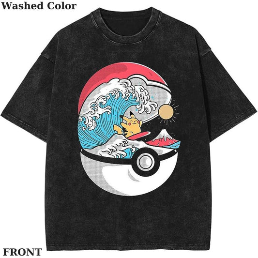 Pokemon Wave T-Shirt - Cute Pikachu Graphic Tee, Pokemon T-Shirt, PKM Shirt, Anime Funny Shirt, Vintage Tee Streetwear Shortsleeve Printed Womenswear